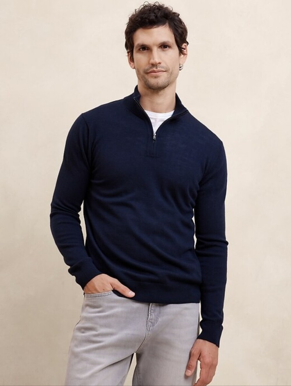 Banana Republic Men's Merino Wool Quarter-Zip Sweater, Navy, Medium 100% Wool